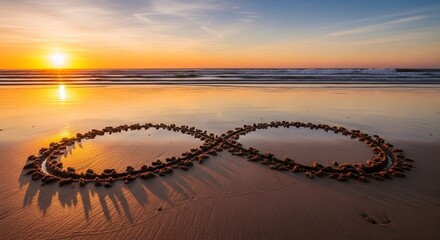 Infinity symbol drawn in sand on a beach at sunset