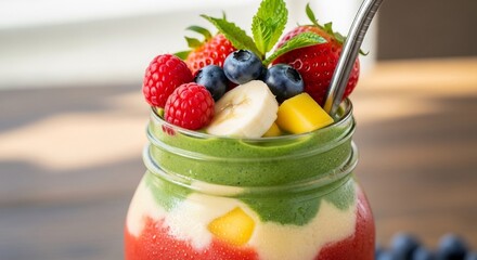 Layered fruit smoothie in a mason jar with fresh berries and banana