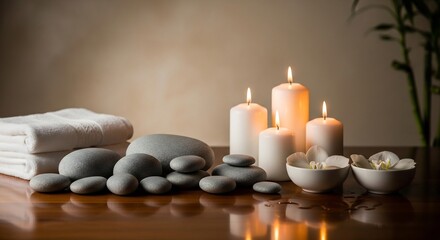 Lit candles and spa stones arranged on a polished wooden surface