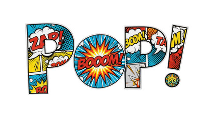 Comic Book Style POP Word Art with Explosions and Speech Bubbles.