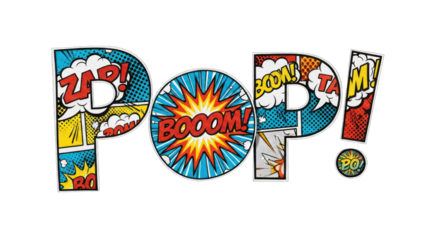 Comic Book Style POP Word Art with Explosions and Speech Bubbles.