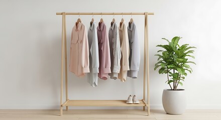A minimalist wooden clothing rack displays pastel-colored shirts and a pair of shoes. A potted plant sits beside it against a white wall, creating a serene and stylish scene.