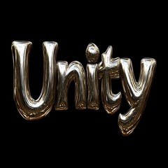 Metallic, stylized, 3D text of "Unity" on a black background.  Letters have a reflective,  balloon-like texture