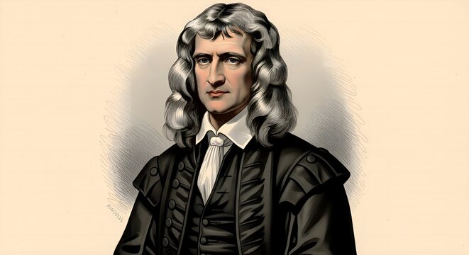 An engraved portrait of Sir Isaac Newton in a wig and dark robes