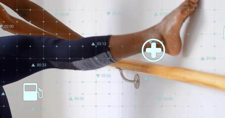 Hand grasping barre, woman lifting leg and stretching for mobility with fitness icons appearing - Powered by Adobe