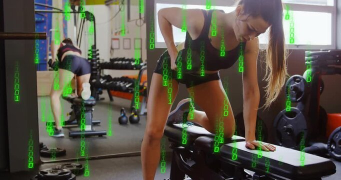 Woman placing knee on bench, grasping dumbbell and rowing for back training with binary overlay