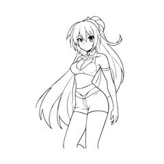 Black and white hot anime character line art illustration, stylish minimal outline drawing in clean style