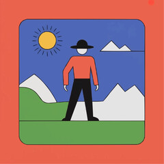 Fototapeta premium Minimalist illustration of a person standing in a landscape with mountains and sun