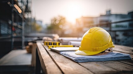 Yellow Safety Helmet On Wooden Planks At Construction Site