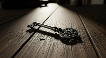 Ornate metal key lying on a weathered wooden surface
