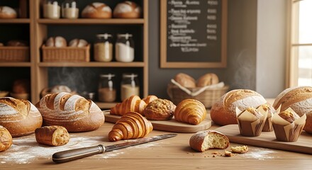 A rustic bakery counter displays freshly baked bread, croissants, muffins, and pastries. Warm lighting and steam emphasize the aroma and deliciousness. A knife rests on the wooden surface.