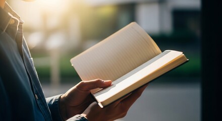Person reading an open notebook in soft sunlight