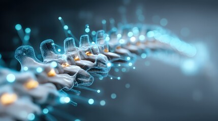 Digital 3D illustration of a human spine with highlighted vertebrae, nerves, and neural connections shown in glowing blue and orange hues.