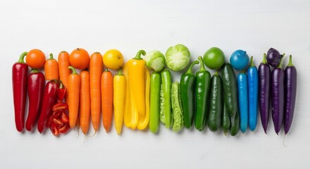 Rainbow of fresh vegetables arranged on a white surface