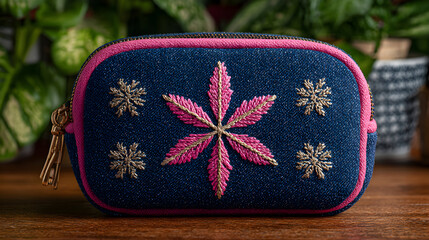 Embroidered blue cosmetic bag on wooden surface