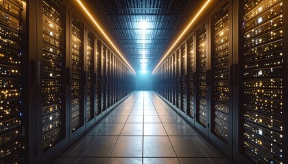 Server Room Interior Perspective with Illuminated Technology