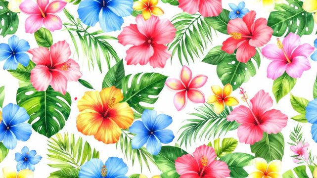 Floral watercolor pattern with tropical hibiscus flowers and monstera leaves on a white background for textile design and surface decor