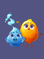 Friendly animated water droplet and cheerful lemon character duo smiling together