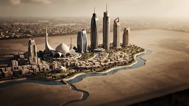 Futuristic city skyline of Doha, Qatar, developing from a map to a modern metropolis