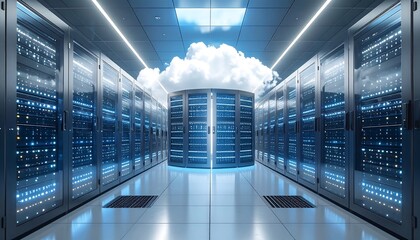Server Room with Cloud Concept Data Storage and Technology