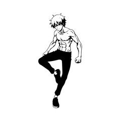 Black and white hot anime character line art illustration, stylish minimal outline drawing in clean style