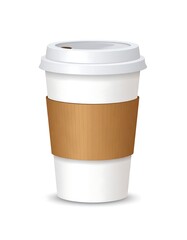 White disposable coffee cup with brown cardboard sleeve and white lid