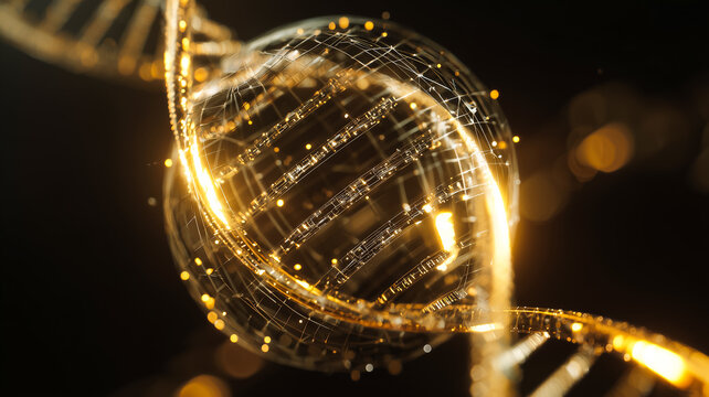 Abstract golden DNA double helix with connected digital structure and light