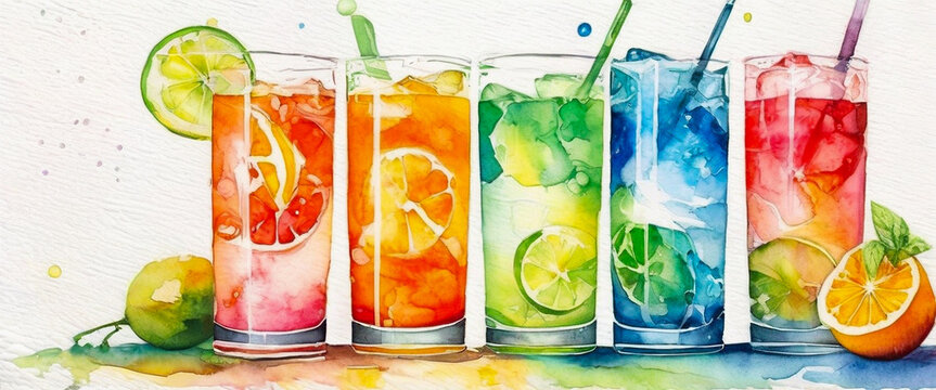Watercolor illustration of colorful cocktails on white background. Refreshing fruit drinks with ice and straws. Summer beverages. Fresh mixed drinks artwork featuring colorful fruits and ice.