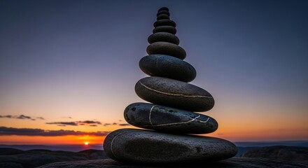 Stacked stones at sunset