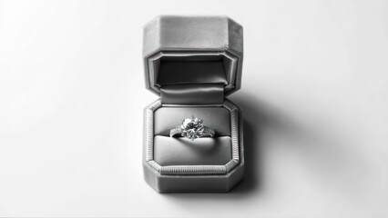 Elegant engagement ring in a light gray box.