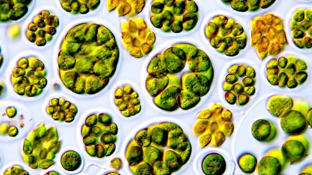 Green algae in pond water under microscope 