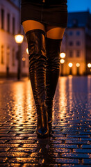 Close-up of legs in thigh-high boots and mini skirt, walking on cobblestone street at night, lantern light