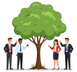A diverse team of four business professionals giving a thumbs-up next to a large tree.
