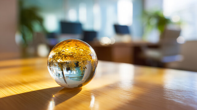 Crystal globe reflection showcasing office creativity innovation opportunity success solution