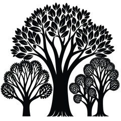 a diverse set of stylized trees in green and brown.eps