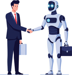 A human businessman shaking hands with a futuristic robot, representing artificial intelligence partnership