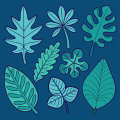 a collection of teal leaves in various shapes on a.eps