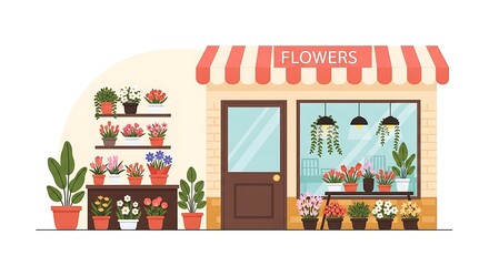 A cheerful illustration of a flower shop. Red and white striped awning, potted plants displayed inside and outside. Bright, inviting storefront.