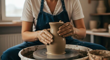 Female Potter Shaping Clay Vase on Pottery Wheel.