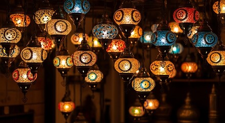 A cluster of vibrant, multicolored mosaic glass pendant lamps hang from a ceiling, casting a warm, inviting glow. The intricate designs and varied colors create a visually stunning display.