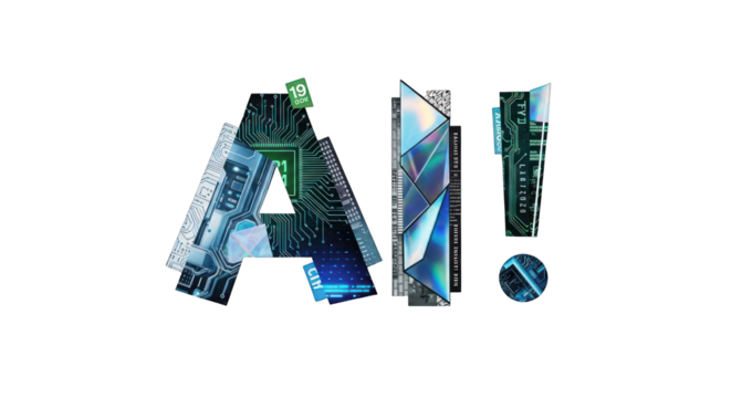 AI Text Composed of Circuit Boards and Tech Elements.