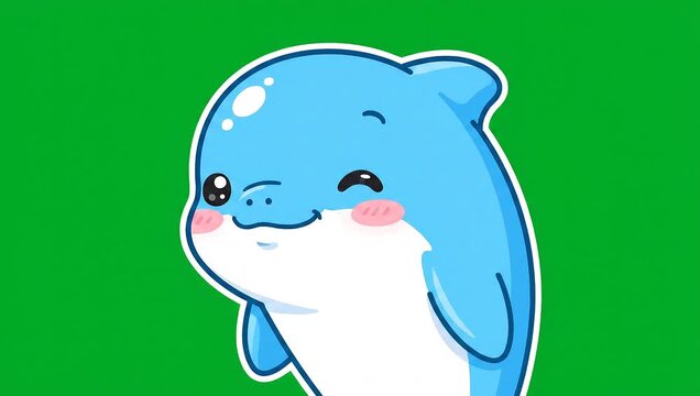 Cute cartoon dolphin with a playful expression, set against a vibrant green background.