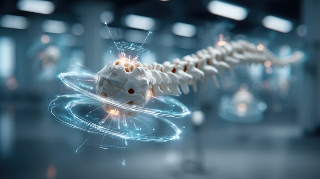 A futuristic digital visualization of a human spine with holographic effects, highlighting vertebrae and neural pathways in a clinical or scientific setting.
