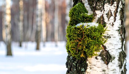 Close-up of moss on a birch tree trunk in a snowy forest