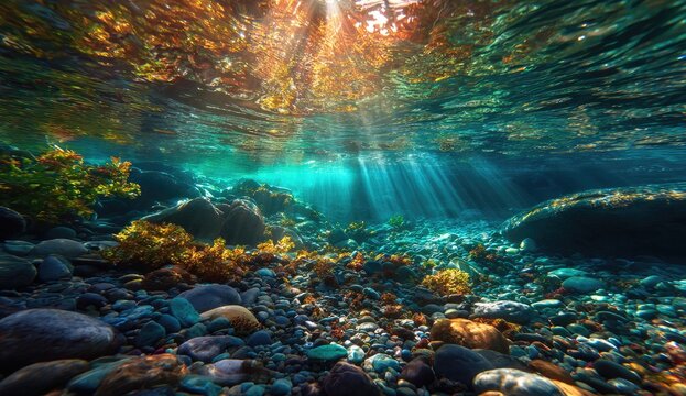 Sunlight streams down through the clear, turquoise water, illuminating a bed of colorful stones and seaweed on a tranquil underwater scene.