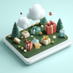 Miniature Christmas scene on a tablet, featuring gifts, clouds, and trees
