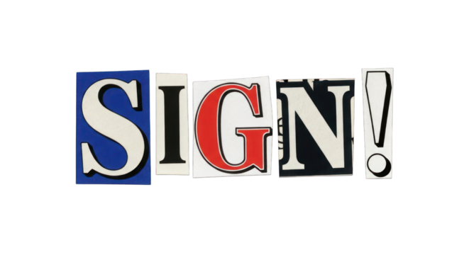Colorful Collage Word Art: SIGN Exclamation Mark.