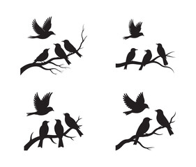 Bird silhouettes flying and perched on branches, vector illustration set