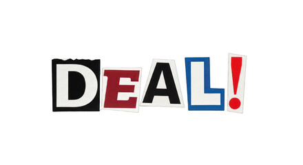 Colorful DEAL Ransom Note Style Cutout Letters on White.