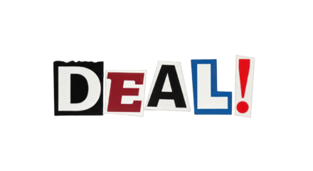 Colorful DEAL Ransom Note Style Cutout Letters on White.